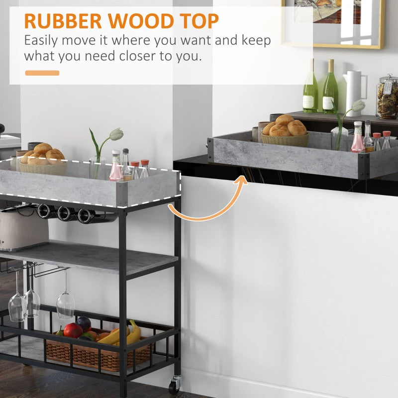 3-Tier Grey Kitchen Cart with Storage Shelves, Wine Racks, and Glass Holders