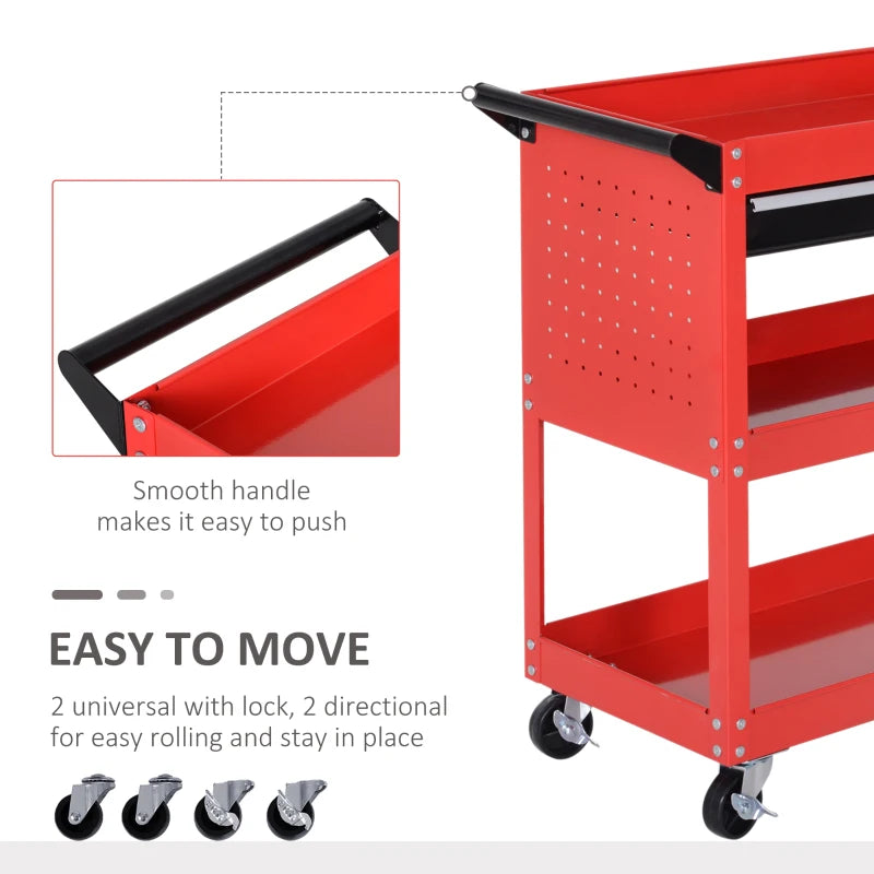 Red 3-Tier Tool Trolley Cart with Drawer