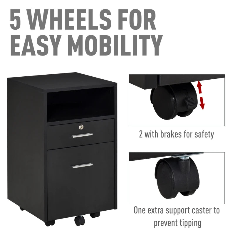 Black 2-Drawer Lockable Filing Cabinet on Wheels