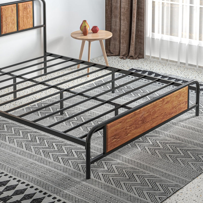 Rustic Brown King Bed Frame with Industrial Wood Headboard and Underbed Storage