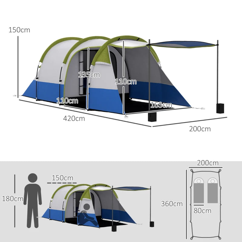 Green 3-Person 2-Room Tent with Porch and Accessories