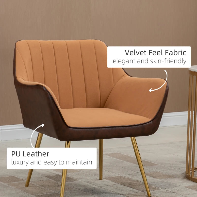 Velvet Armchair with Golden Steel Legs, Light Brown