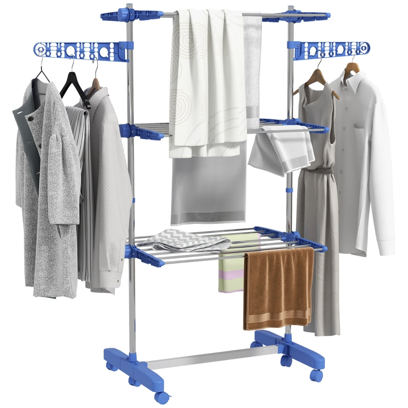 Blue Folding Clothes Drying Rack with Side Arms and Wheels