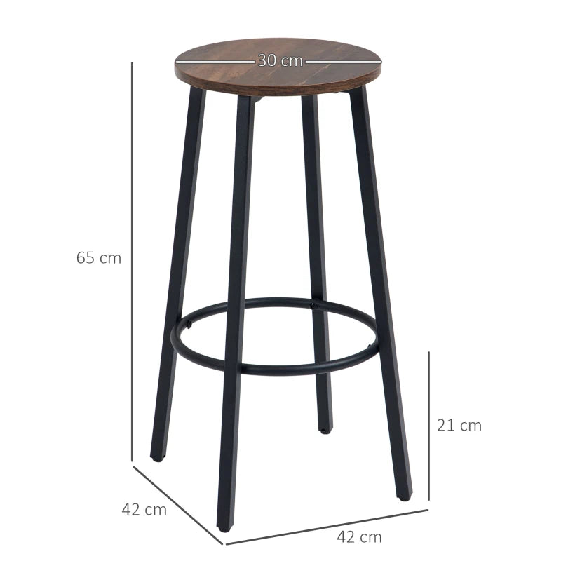 Rustic Brown Industrial Bar Stools, Set of 2, 65cm High