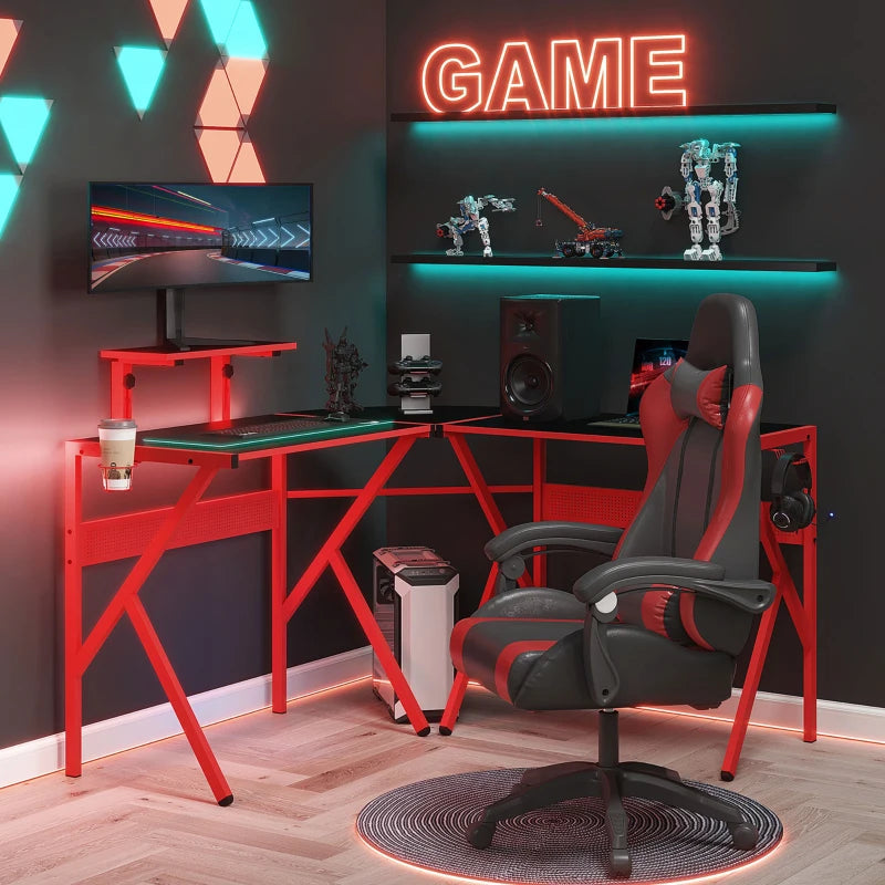 Red L-Shaped Gaming Desk with Monitor Stand and Cup Holder