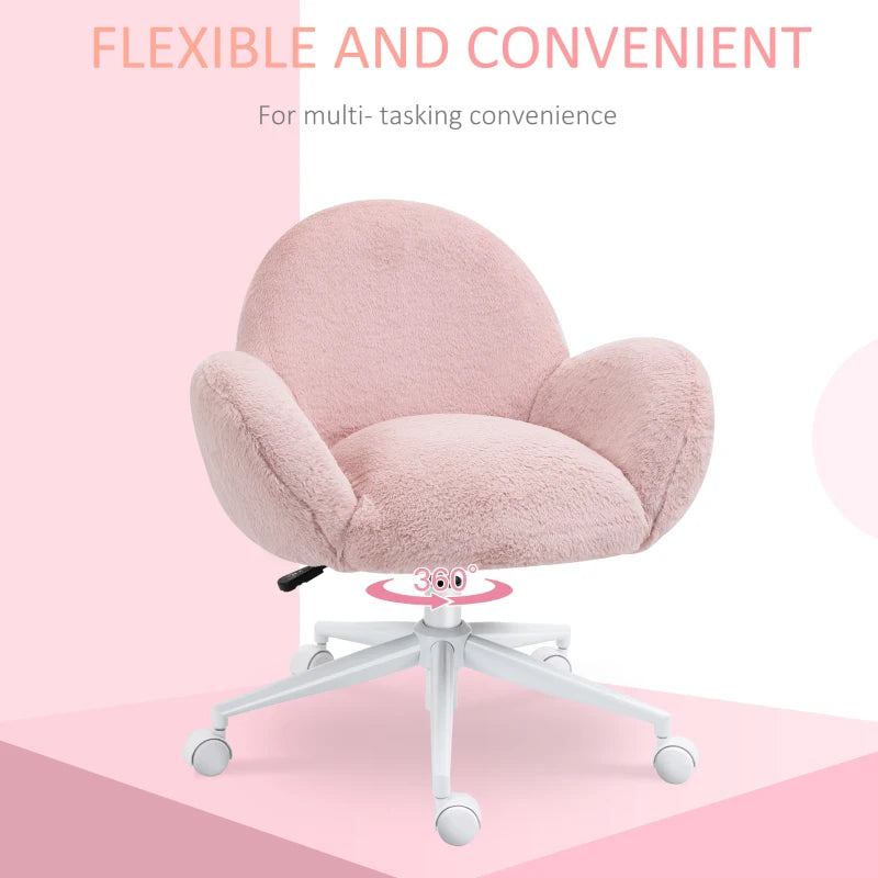 Blush Pink Fluffy Rolling Desk Chair for Home Office or Bedroom