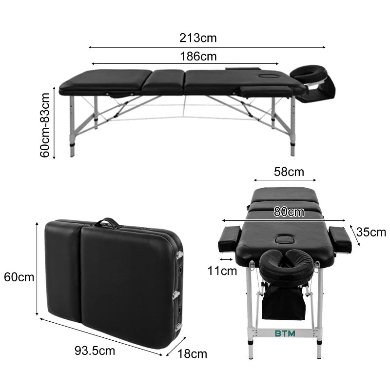 Black Portable 3-Section Aluminium Massage Table with Adjustable Headrest and Arm Support