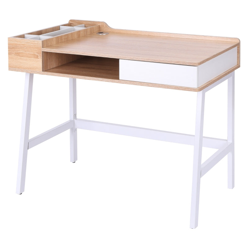 Oak and White Computer Writing Desk with Drawer and Storage Compartments