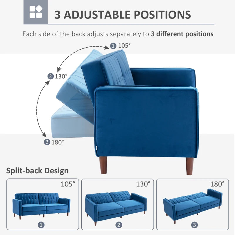 Blue Velvet Convertible Sofa Loveseat with Adjustable Split Back