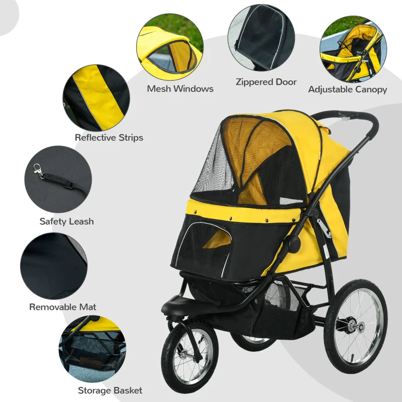 Yellow Foldable Pet Stroller with Canopy for Small and Medium Dogs