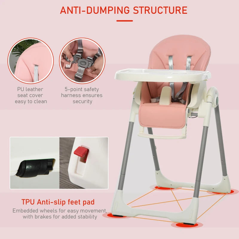 Foldable Pink PU Highchair for Babies