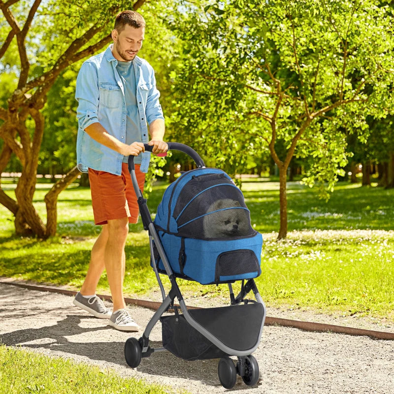 Foldable Dark Blue Pet Stroller with Canopy & Storage