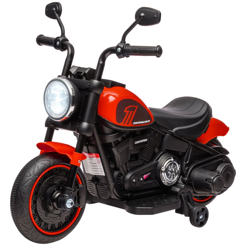 Red 6V Electric Motorbike with Training Wheels, One-Button Start