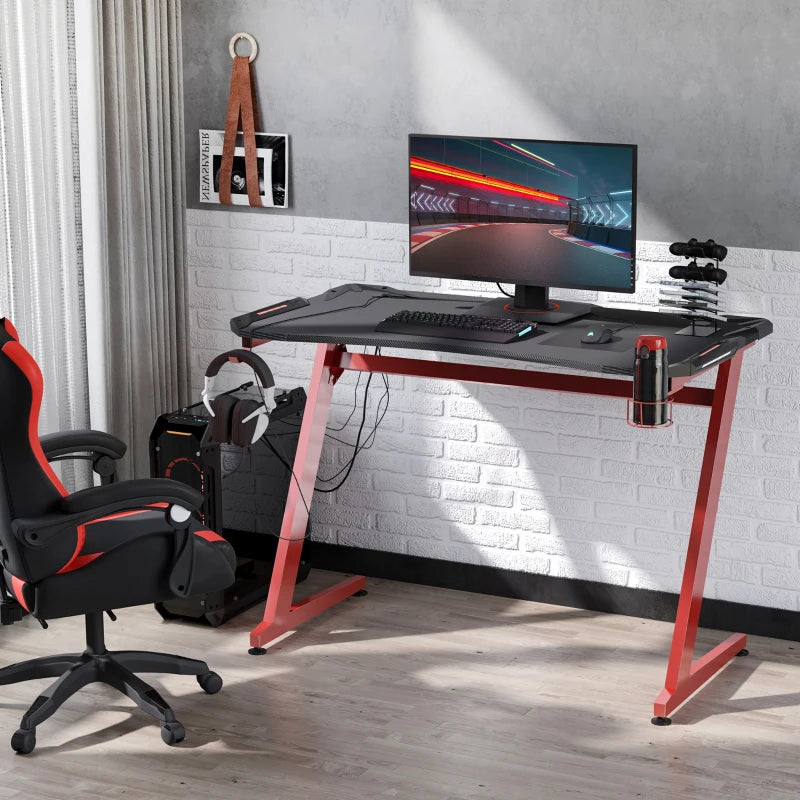 Carbon Fibre Gaming Desk, Black/Red, 122 x 66 cm