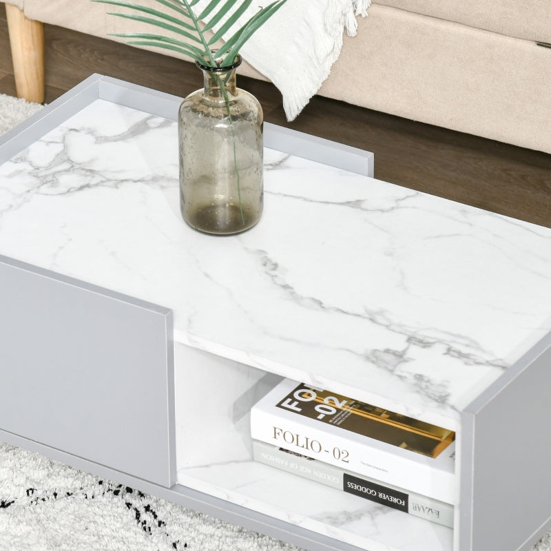White Faux Marble Coffee Table with Storage Drawer - 2-Tier Center Table for Living Room