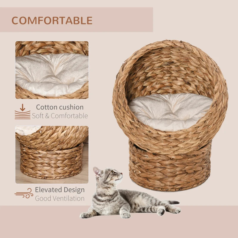 Brown Wicker Cat Bed with Raised Rattan Basket & Washable Cushion - 50 x 42 x 60 cm