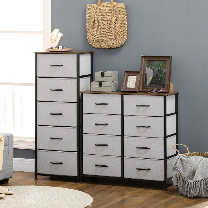 Grey Fabric 5-Drawer Industrial Dresser with Steel Frame and Wooden Top