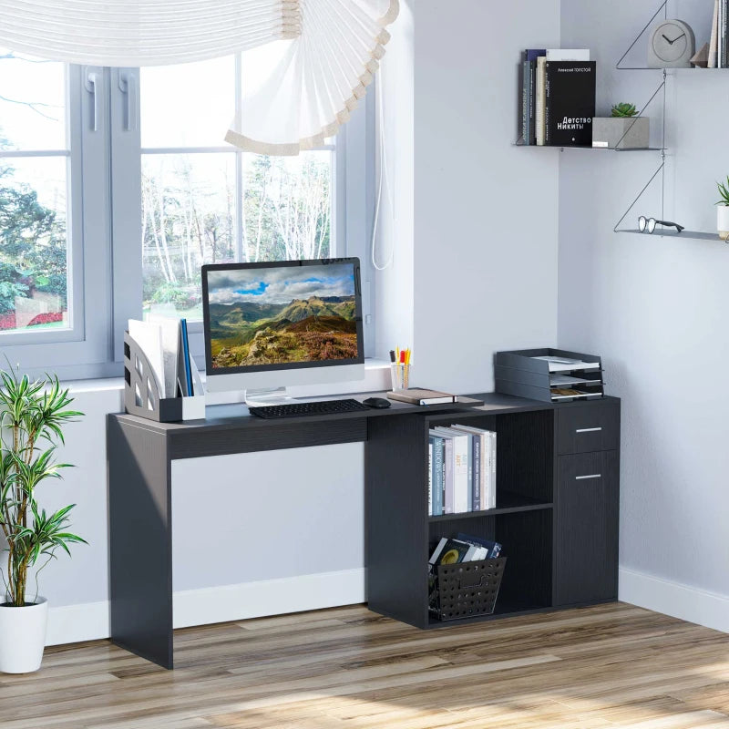 Black L-Shaped Computer Desk with Storage Shelf and Drawer