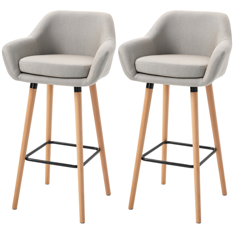 Beige Upholstered Bar Stools Set of 2 - Modern Metal Frame, Solid Wood Legs