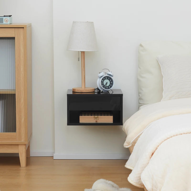 Black Wall Mounted Bedside Table with Drawer and Shelf, 37 x 32 x 21cm