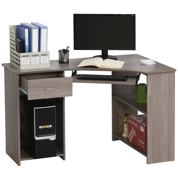 Grey L-Shaped Computer Desk with Shelves & Drawer