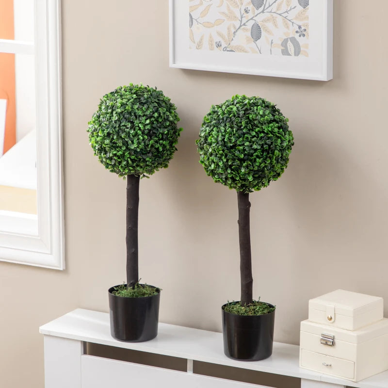 Set of 2 Green Artificial Boxwood Ball Trees in Pot for Home Decor, 20x20x60cm