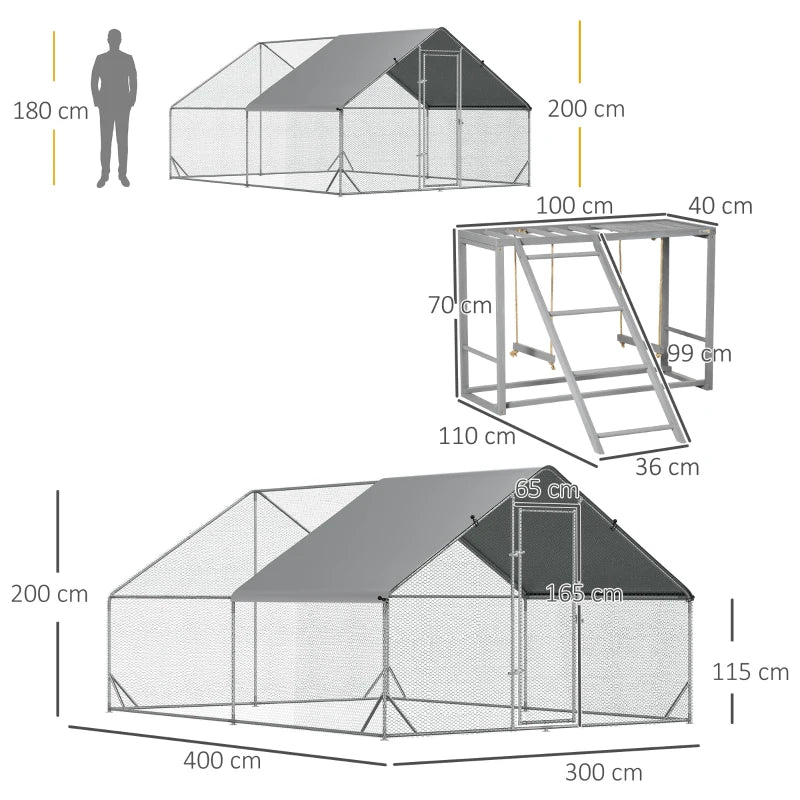 Large Chicken Run with Activity Shelf and Cover, 3x4x2m, Green