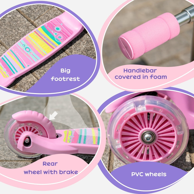 Foldable Pink Kids 3-Wheel Scooter with LED Flashing Wheels