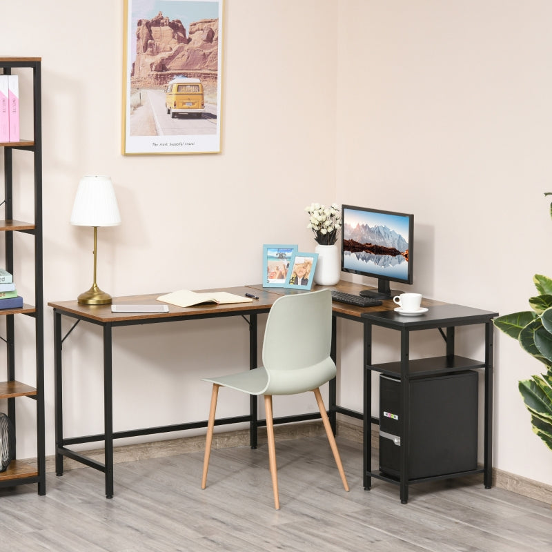 Rustic Brown L-Shaped Industrial Corner Desk with Adjustable Storage Shelf