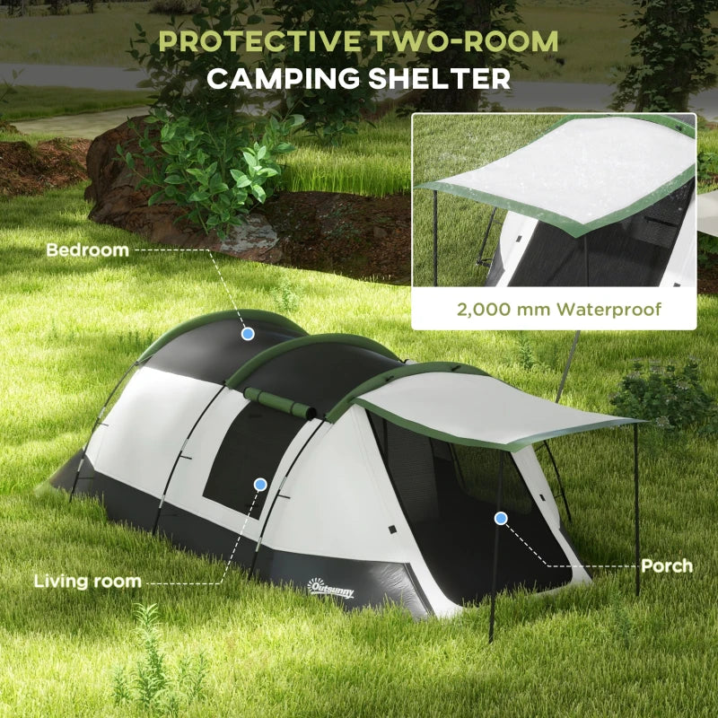 Green 3-Person Camping Tent with 2 Rooms and Porch