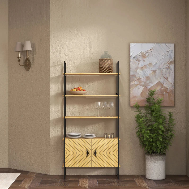 4-Tier Metal Display Shelf with Double Door Cabinet - Oak Tone