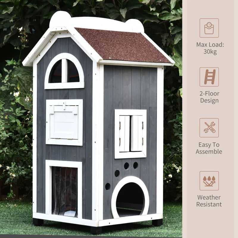 Grey & White Weatherproof Wooden Cat House with 2 Floors