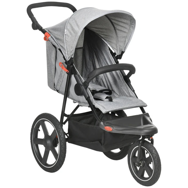 Grey Foldable 3-Wheel Baby Stroller with Canopy and Storage Basket