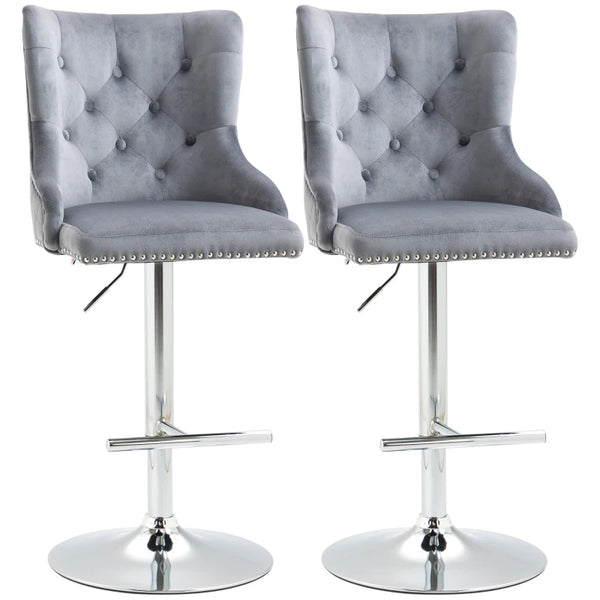 Grey Velvet Swivel Barstools Set of 2 with Button Tufted Back and Footrest