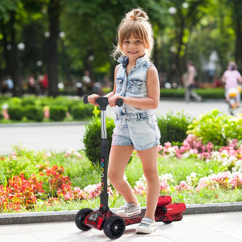 Red Kids 3-Wheel Adjustable Height Kick Scooter with Flashing Wheels and Music