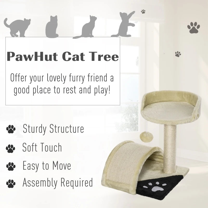 Beige Cat Tree Scratching Post with Hanging Ball