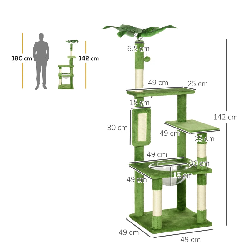 Green Cat Tree Tower with Scratching Post, Hammock, Toy Ball - 142cm