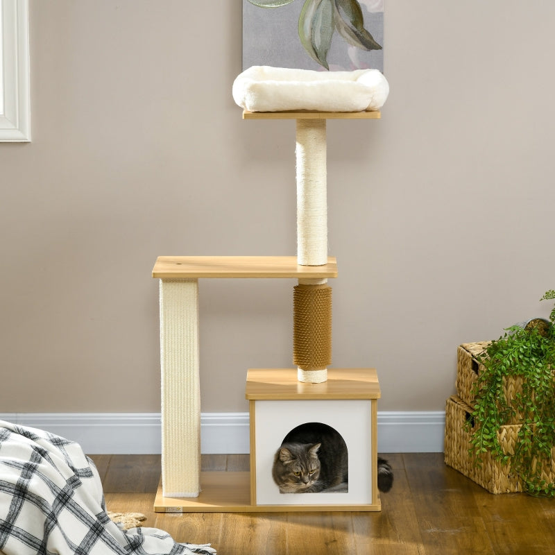 Oak Tone Cat Tree with Scratching Posts and Perches - 59.5 x 39.5 x 114cm