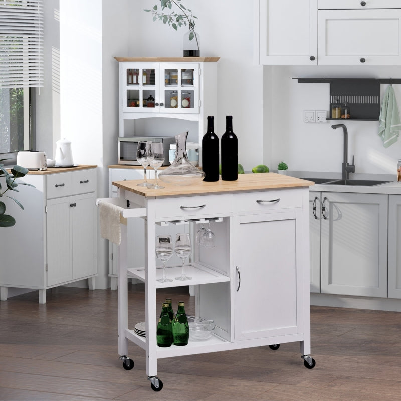 White Kitchen Storage Trolley Cart with Drawers and Wine Glass Rack