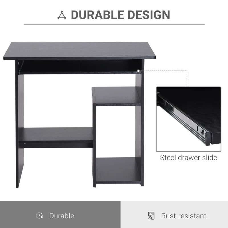 Black Compact Corner Computer Desk with Keyboard Tray and Storage Shelf