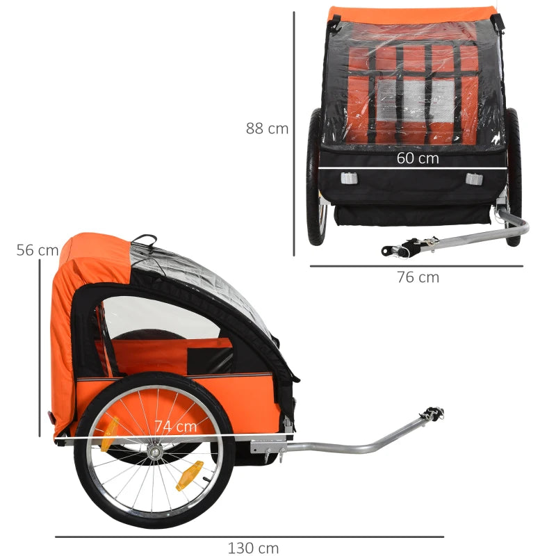 Orange Black 2-Seat Child Bike Trailer with Safety Harness