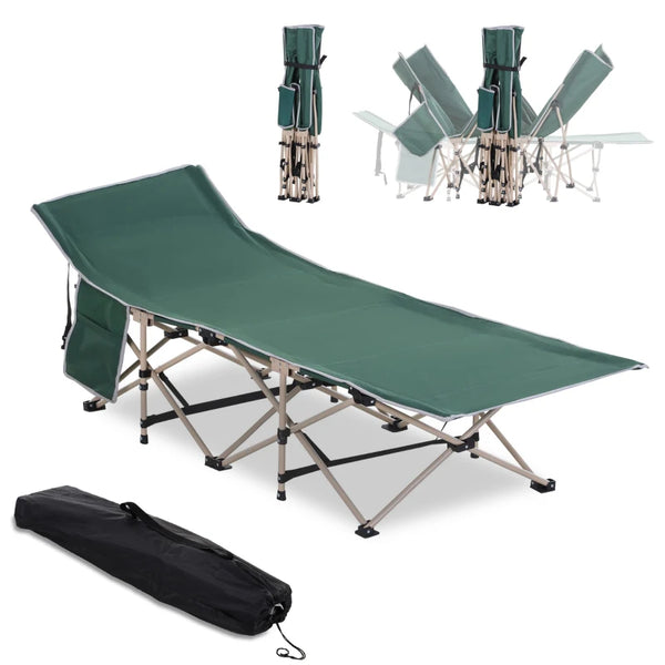 Green Portable Folding Camping Cot with Side Pocket and Carry Bag