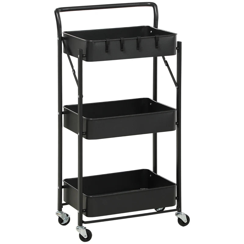 Black 3 Tier Foldable Storage Trolley Cart with Mesh Baskets and Hooks