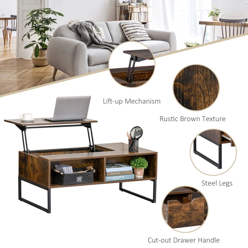 Brown Extendable Lift-Top Coffee Table with Hidden Storage Drawer