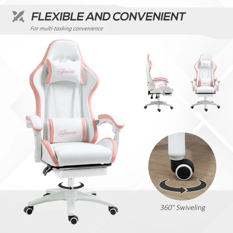 White and Pink Racing Gaming Chair with Footrest and Swivel Seat