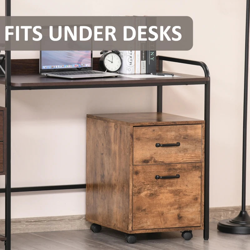 Rustic Brown 2-Drawer Mobile File Cabinet for Letter-Sized Documents