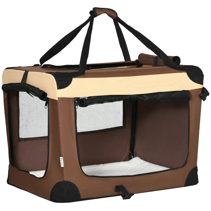 Foldable Brown Pet Carrier with Cushion - 70cm for Small Dogs and Cats