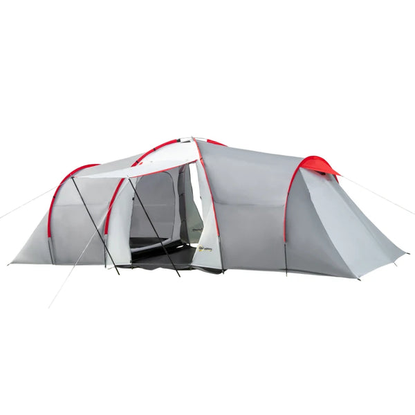 4-Person Tunnel Camping Tent with 2 Bedrooms and Living Room - Grey/Red