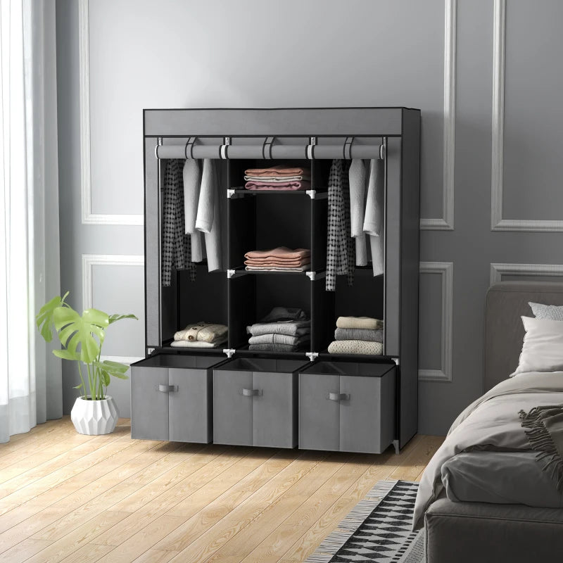 Dark Grey Fabric Wardrobe with Shelves, Hanging Rails, and Drawers - Portable and Foldable Closet 125x43x162.5cm