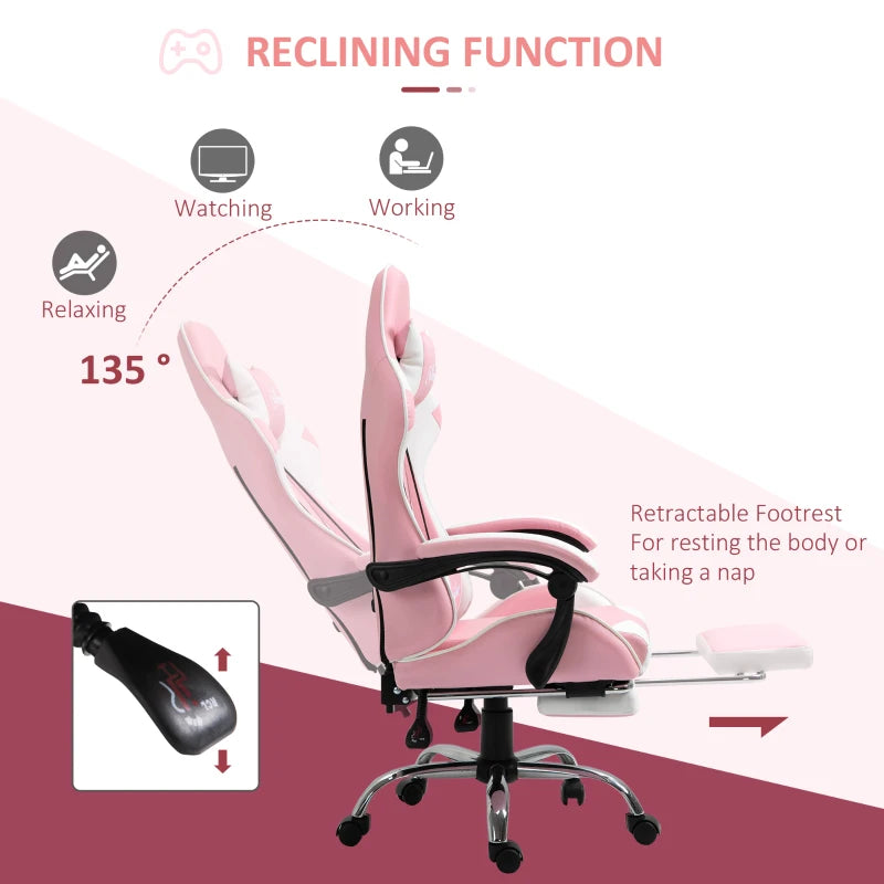 Pink Gaming Chair with Lumbar Support, Footrest & Headrest